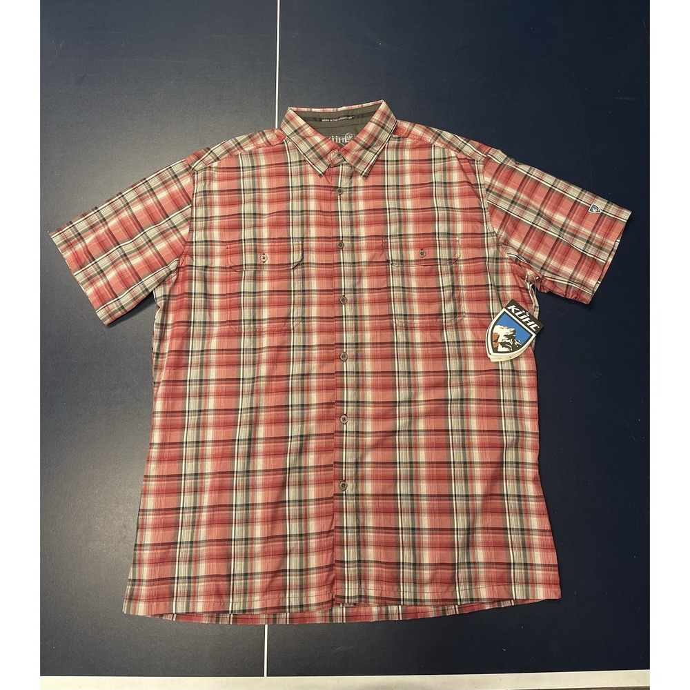 KÜHL Eluxur Men's XL Plaid Red Short Sleeve Performance Hiking Outdoor Shirt NWT